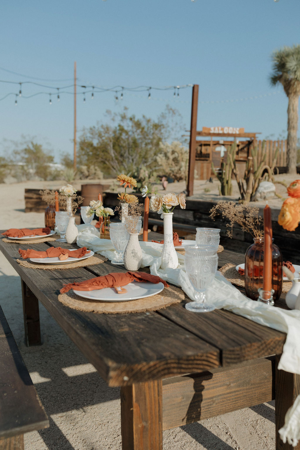 A wedding table setup for a boho wedding