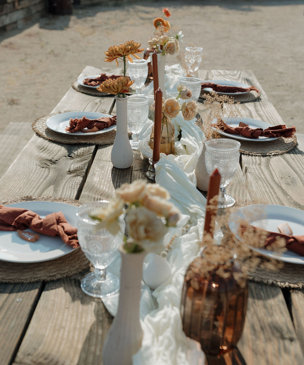 A wedding table setup for a boho wedding
