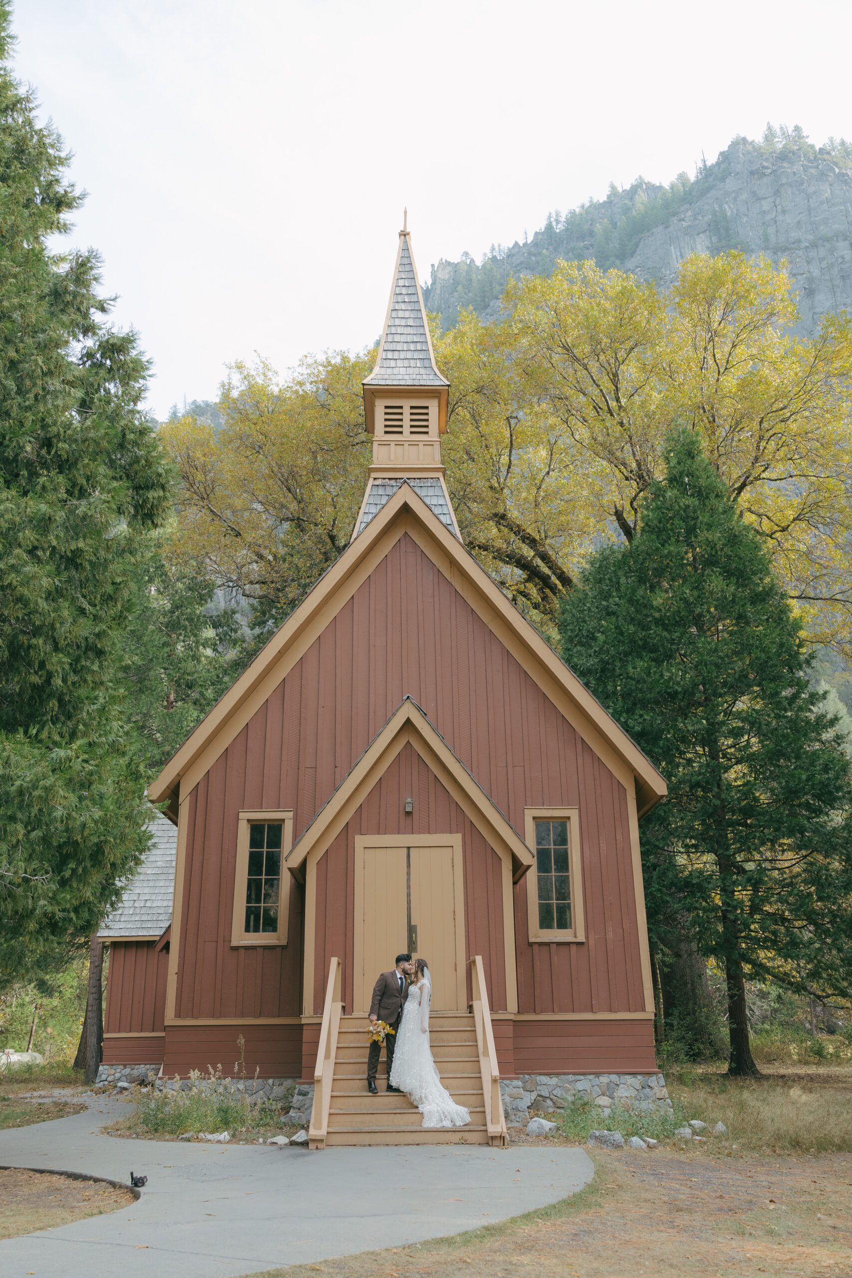 Bride and groom wedding chapel photo at Yosemite Park wedding