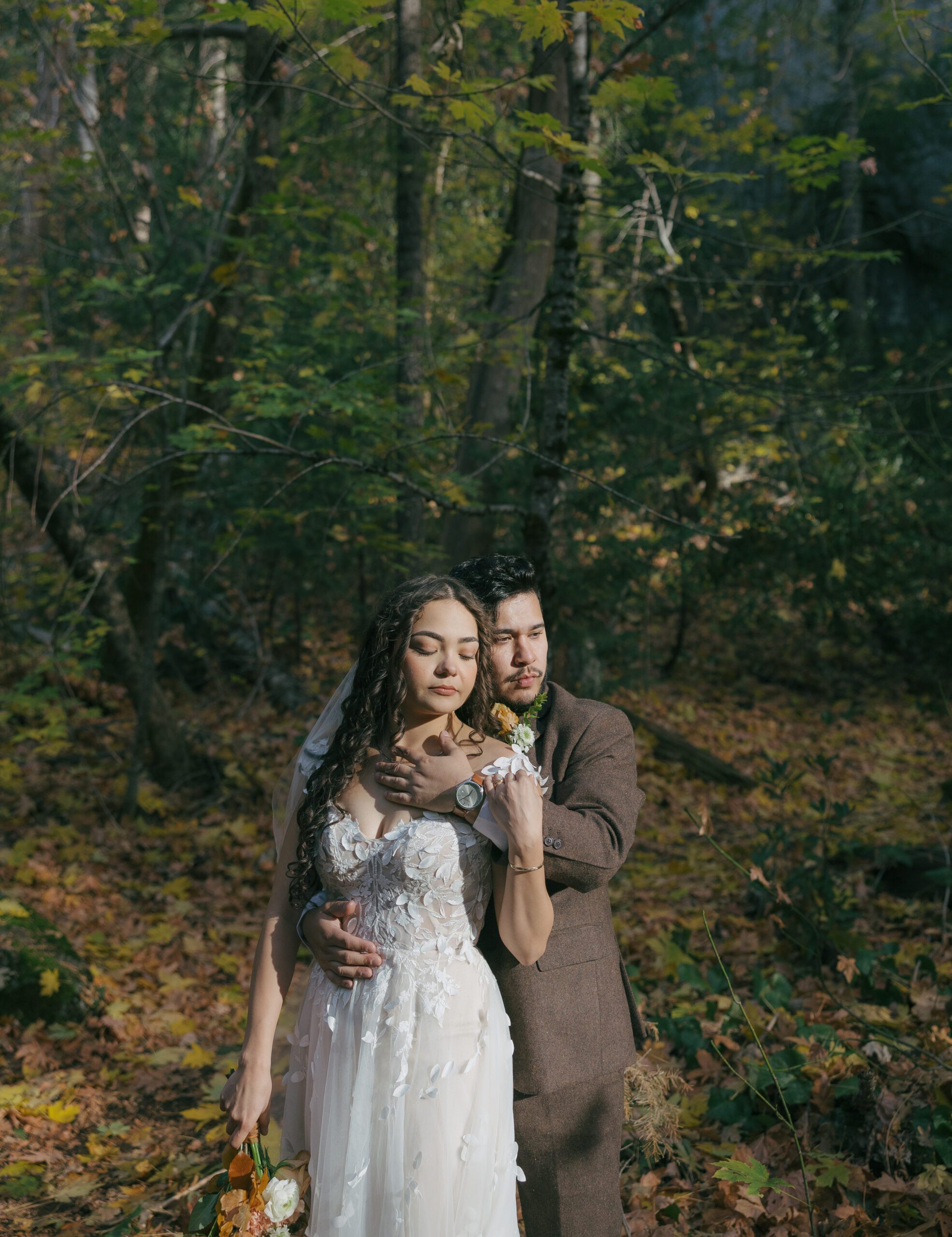 Bride and groom photo in the woods at Yosemite National Park wedding
