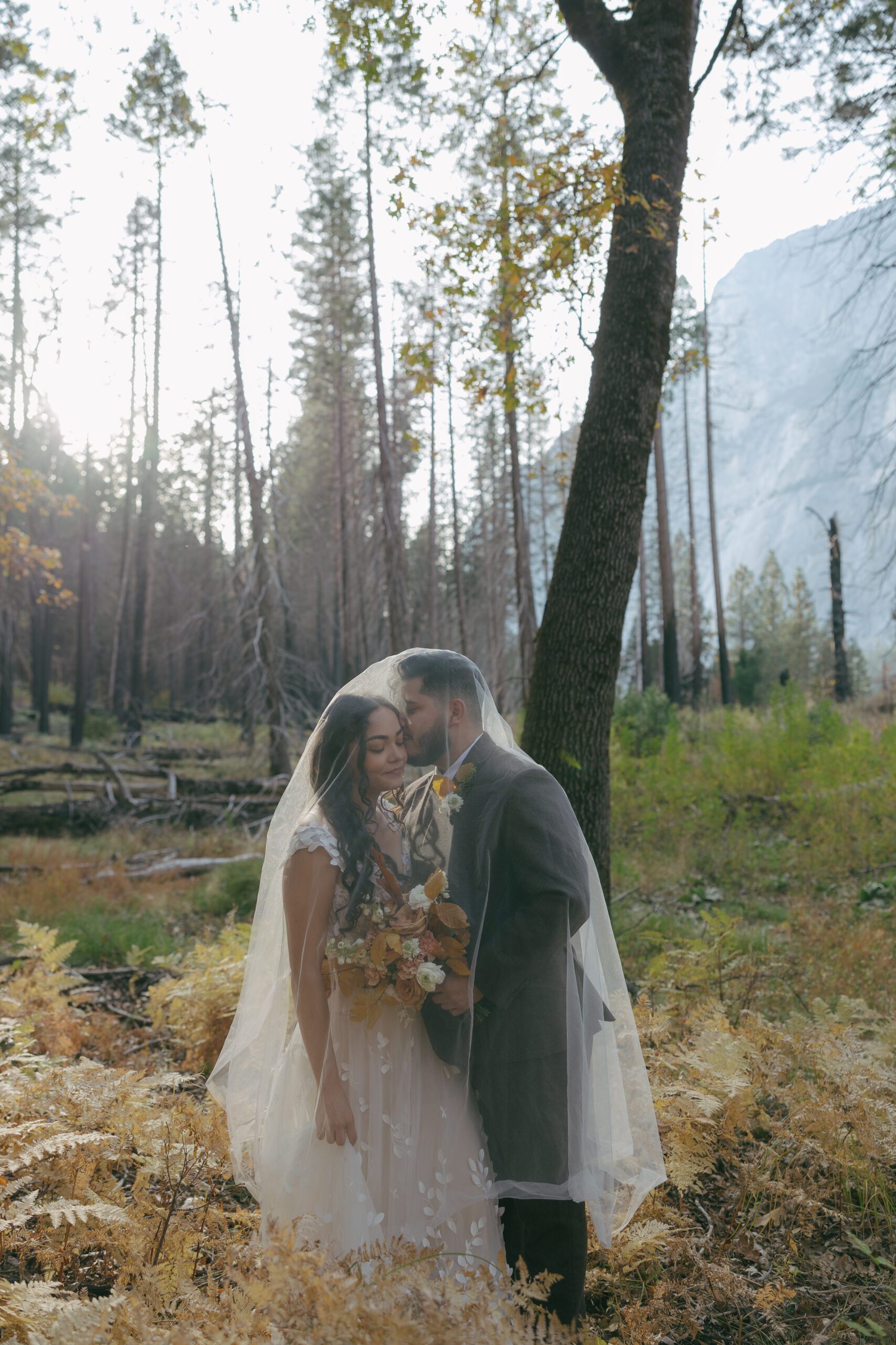 Bride and groom under veil with Yosemite National Park in the background