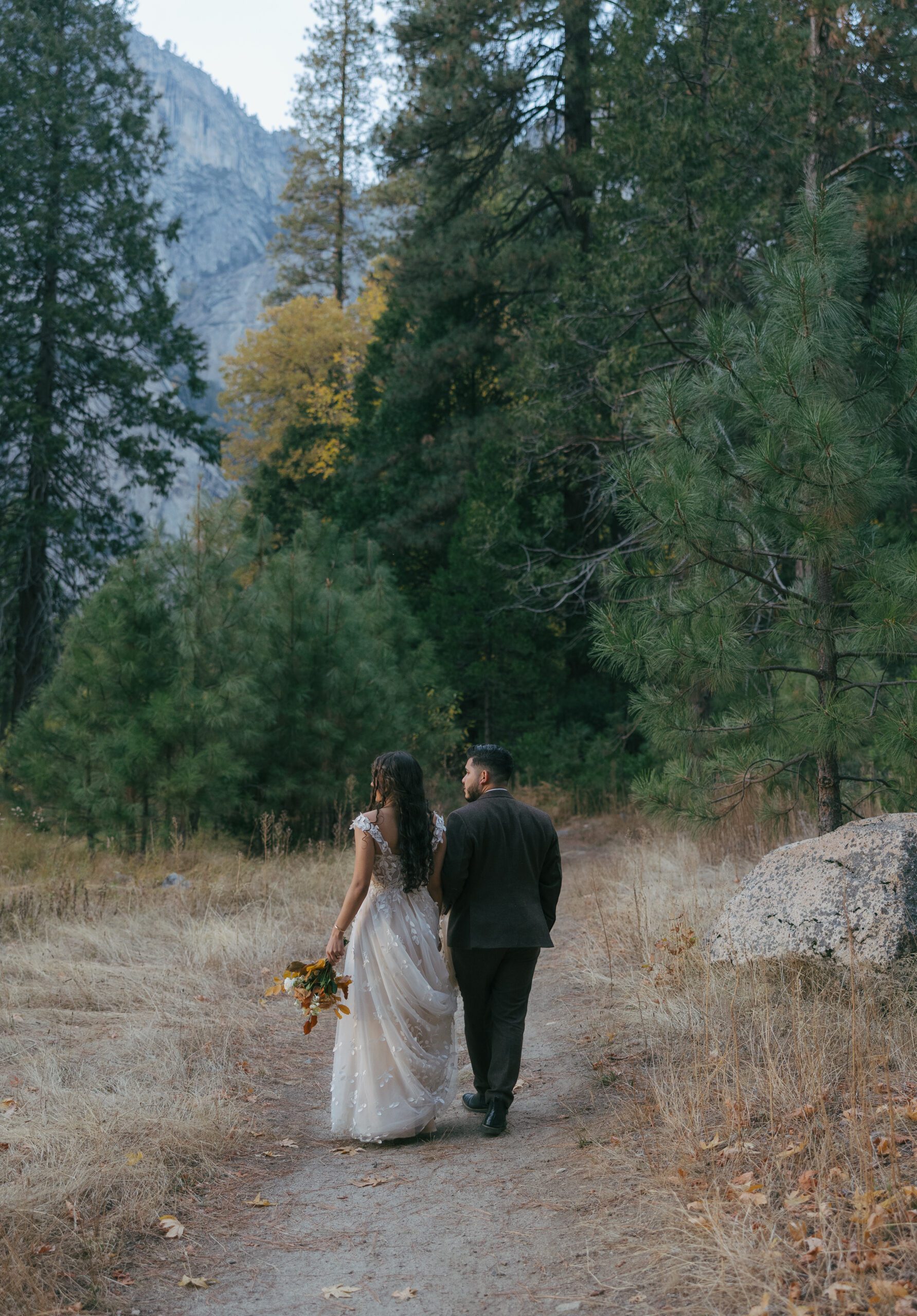 Bride and groom walking away from camera while looking off to their left at Yosemite National Park Elopement