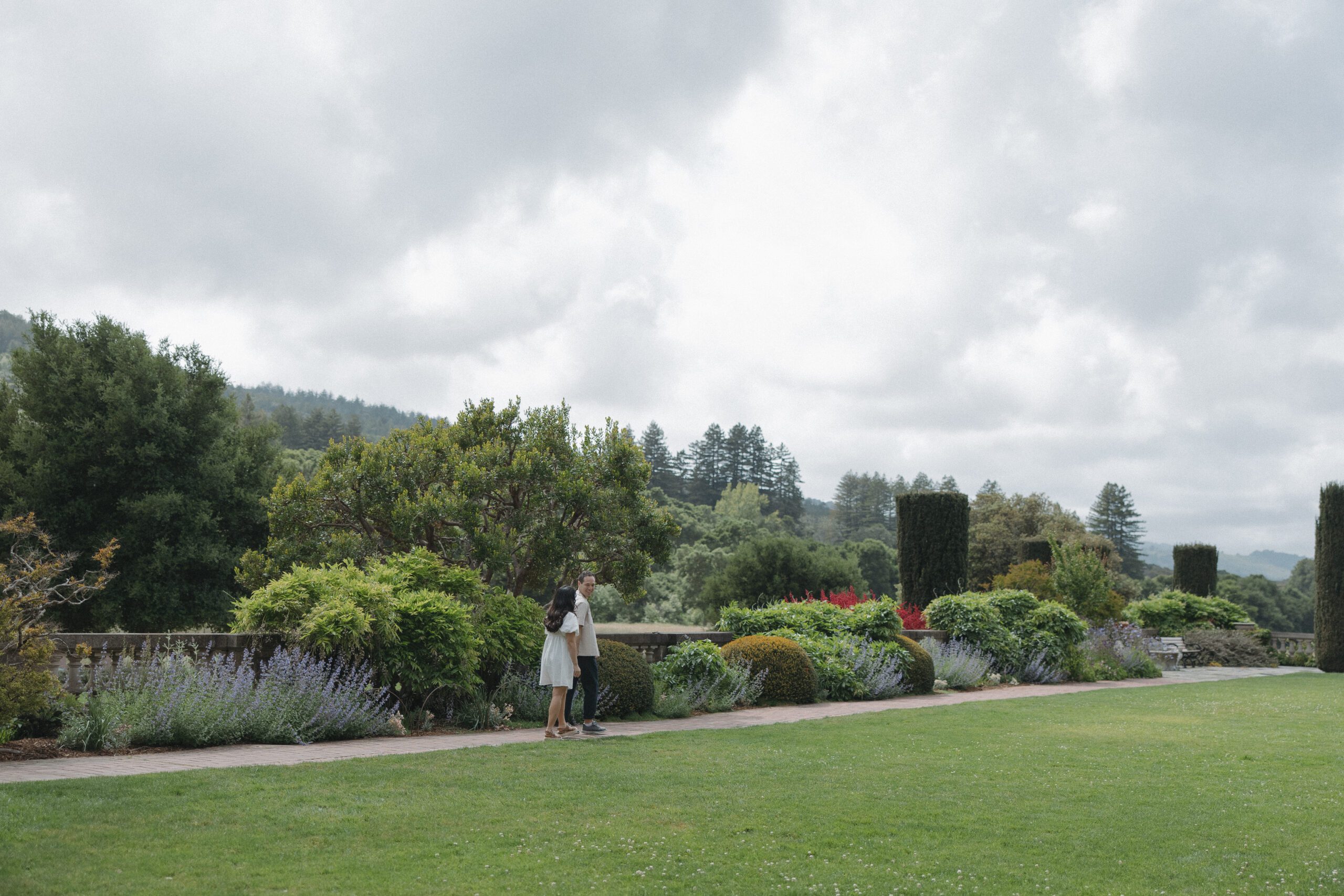 Bay Area Engagement Photos at Filoli gardens with garden and mountain backdrop