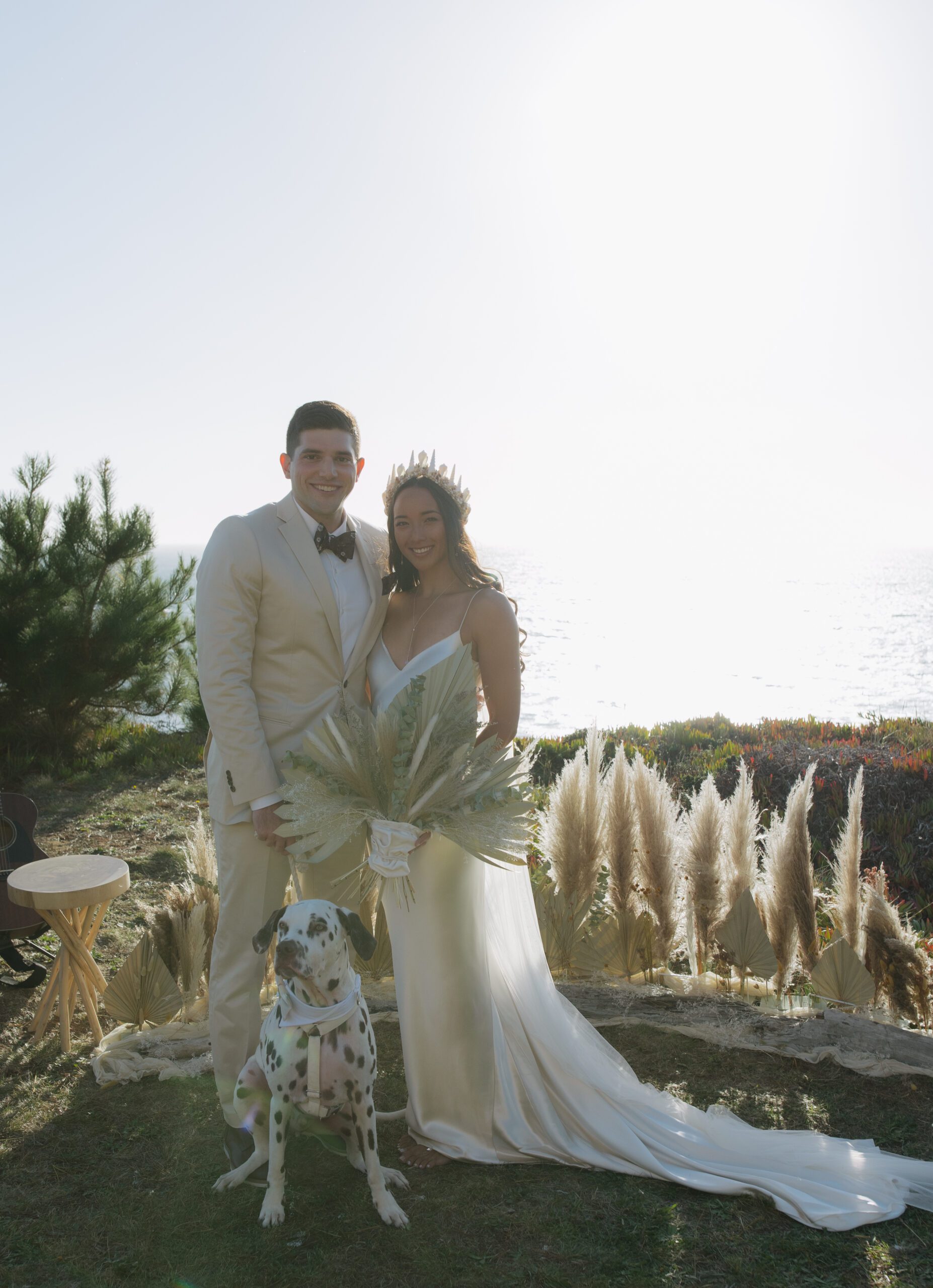 Bride and groom posing with their dog during bride and groom photos at Bay Area wedding