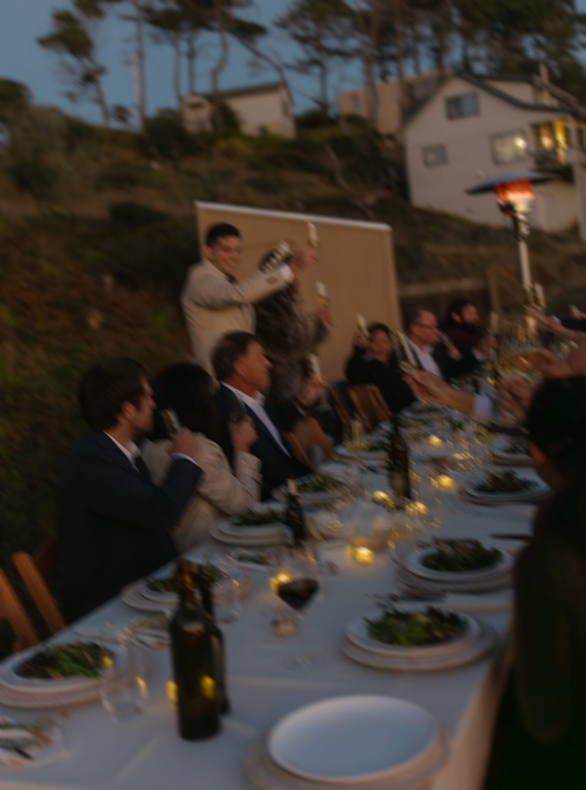 Blurry photo of intimate wedding reception during toasts
