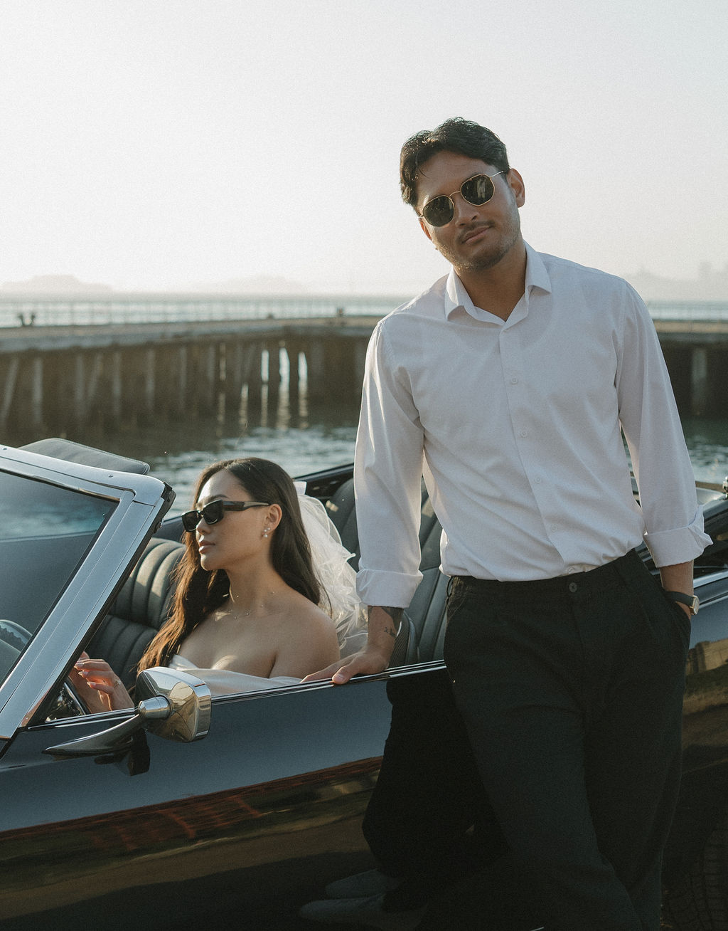Editorial engagement photos with a classic car