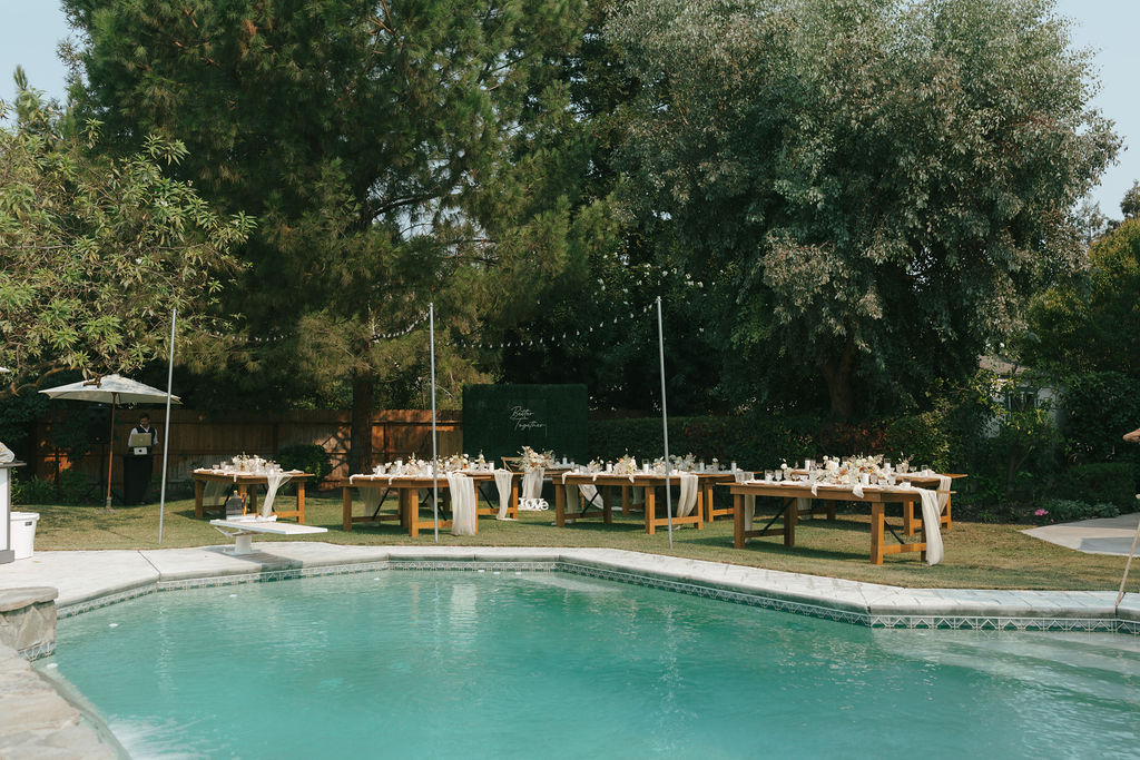 Backyard intimate wedding ideas at a private estate in Northern California with table layout for wedding