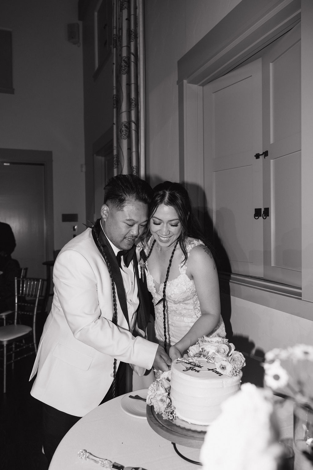 Wedding reception cake cutting photo