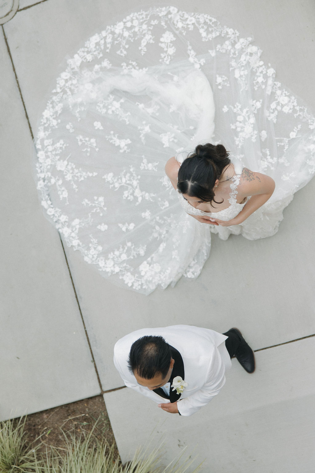 Arial view of bride and groom first look