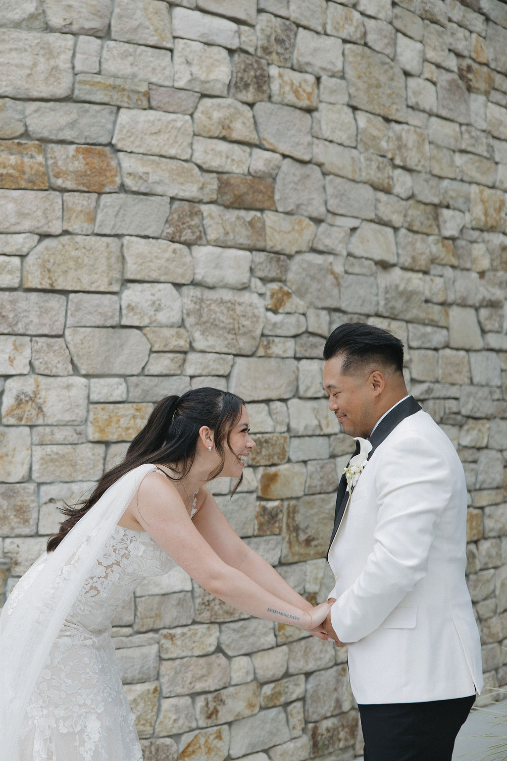 Wedding first look photos where bride and groom are excited