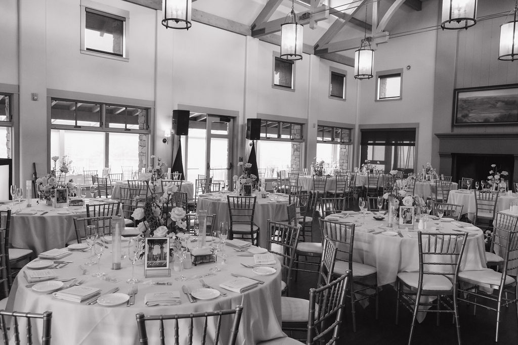 Black and white photo of wedding reception space at Monterey wedding venue