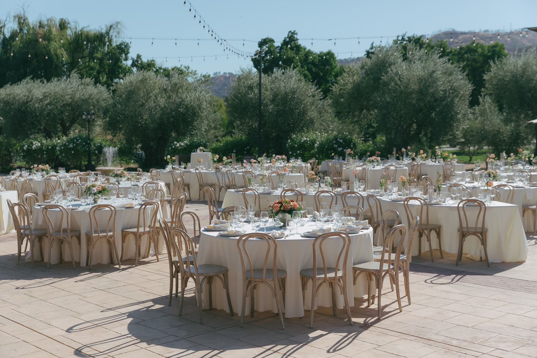 Wedding table setup for outdoor wedding with a large guest list under string lights on a patio