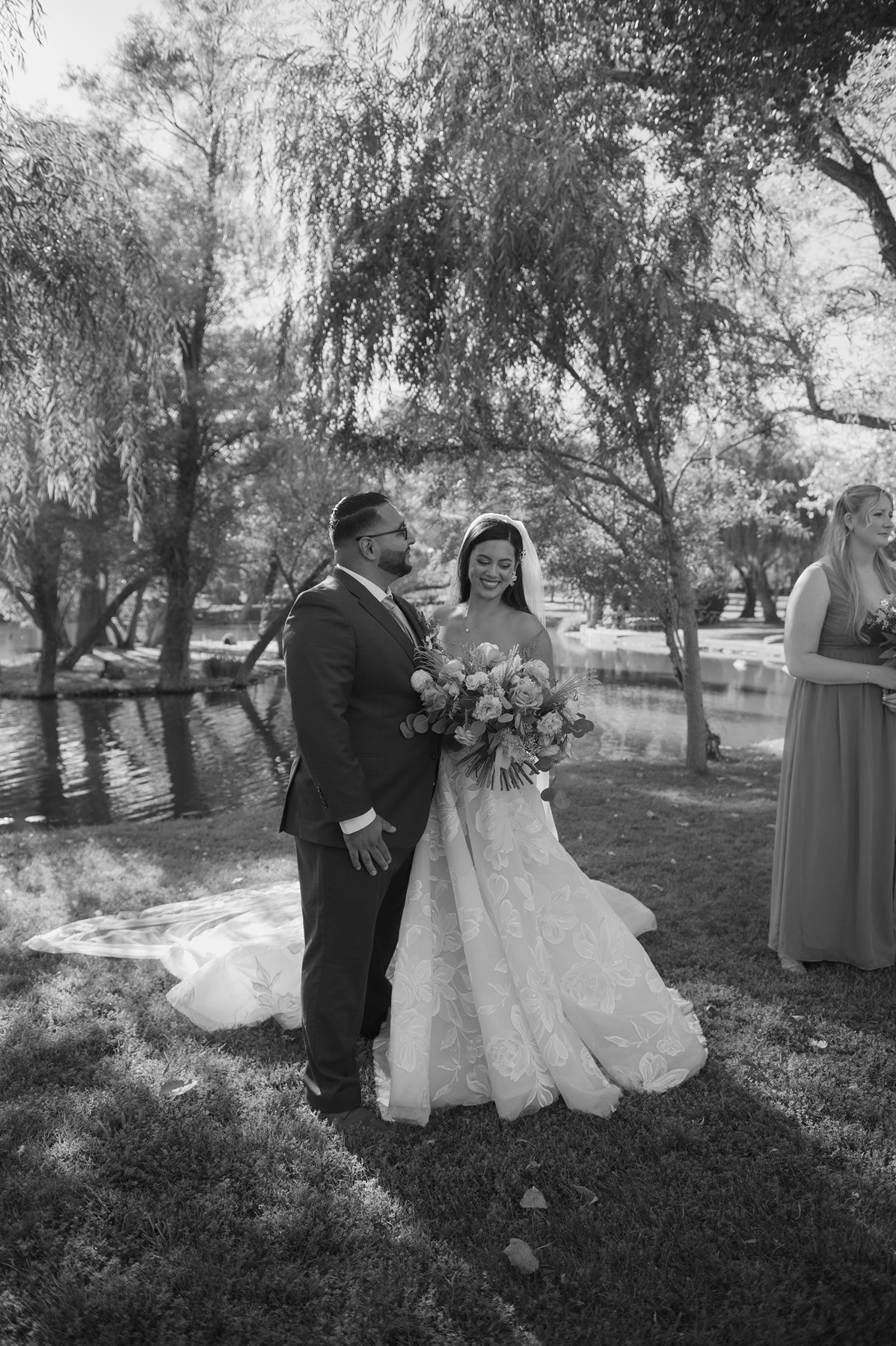 Black and white bride and groom candid photo