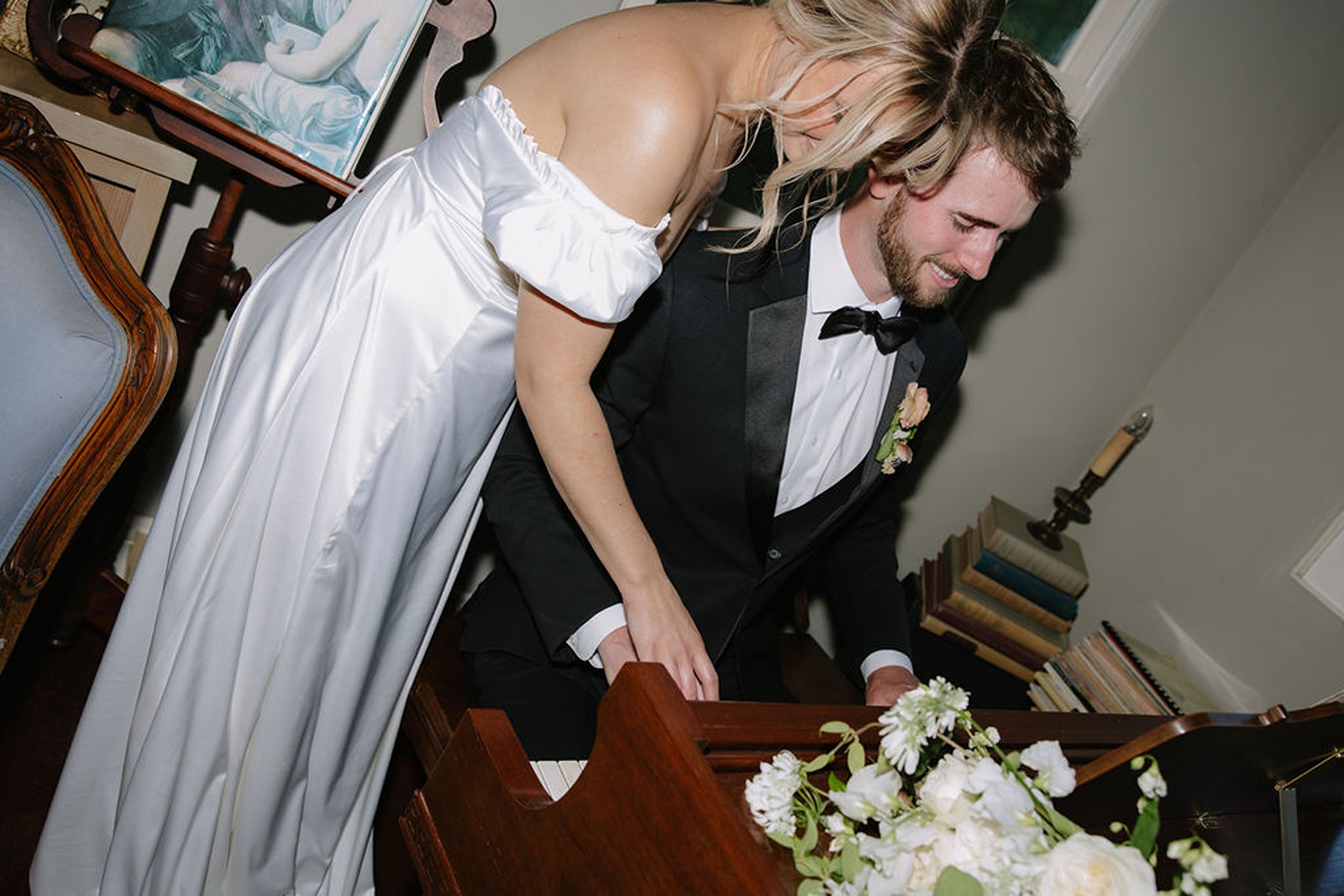 A direct flash wedding photo inside the accommodation at Cavaignac, a country estate