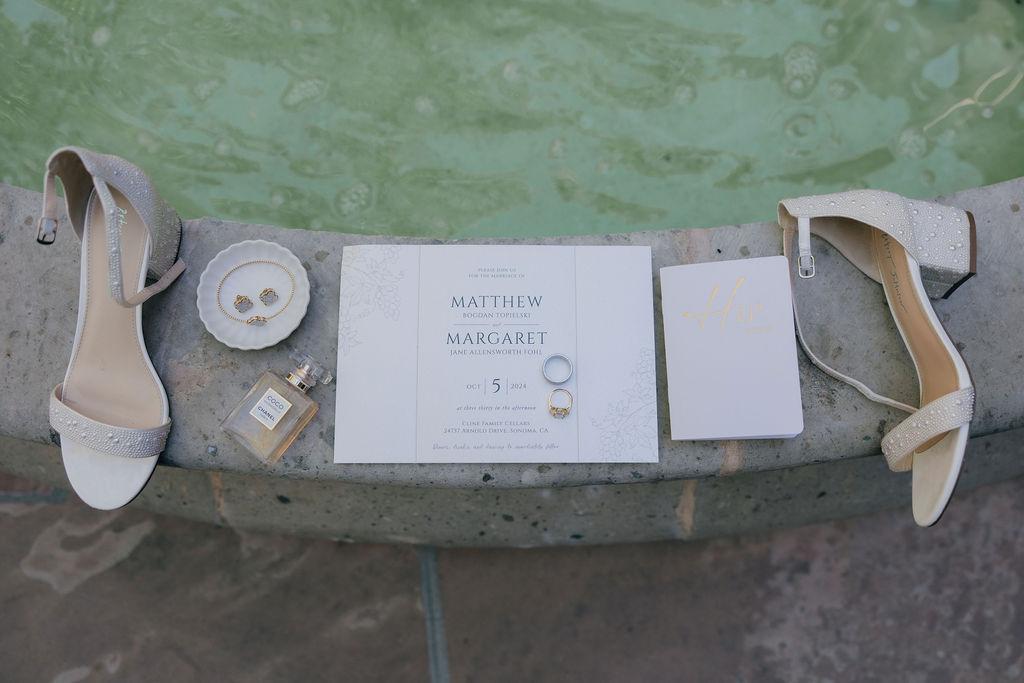 Wedding flat lay photo with bride's shoes, a wedding invitation, and wedding jewelry