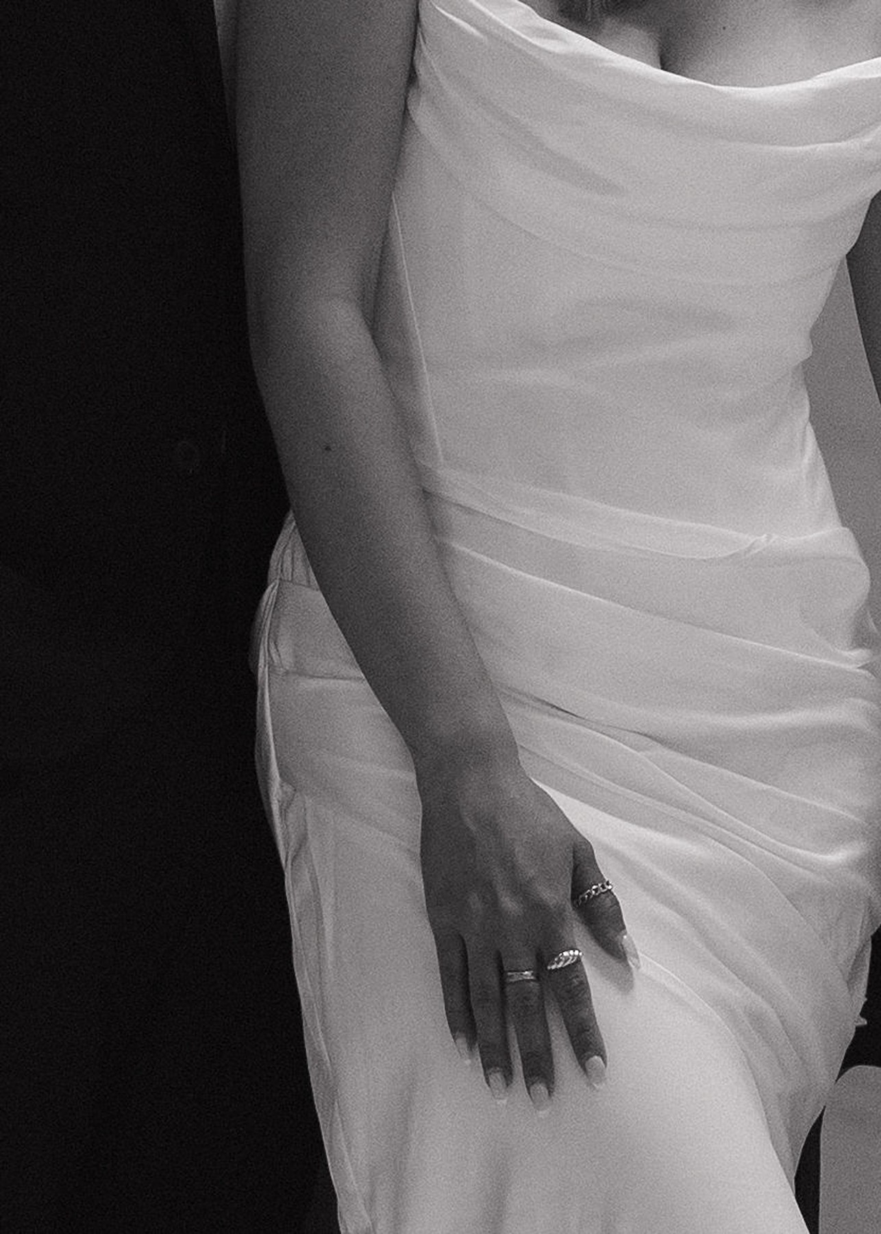 Close up photo of bride's simple elegant wedding dress