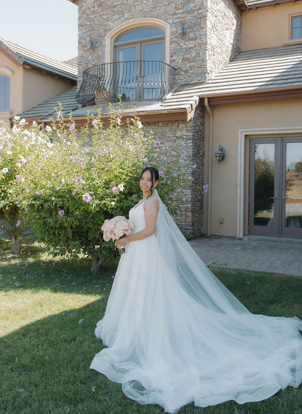 Bridal portraits in front of the estate at Lakeview Estates, a gorgeous Sacramento wedding venue
