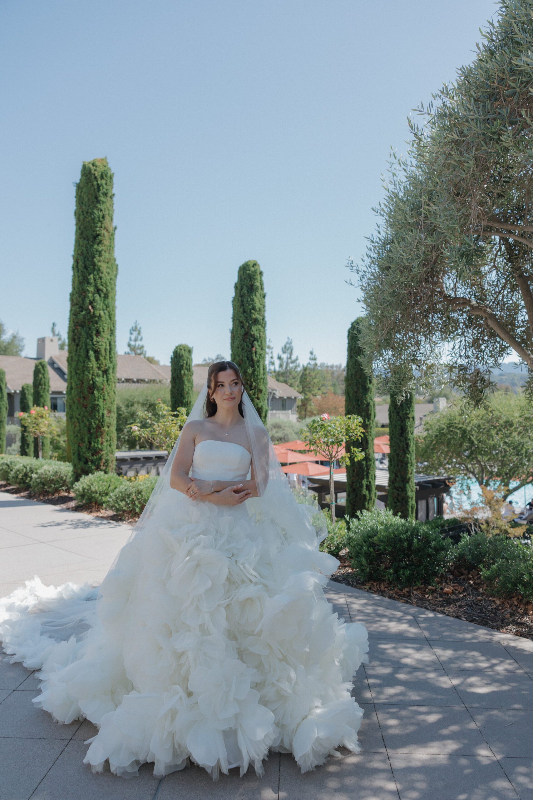 A bridal portrait of bride in trendy wedding dress