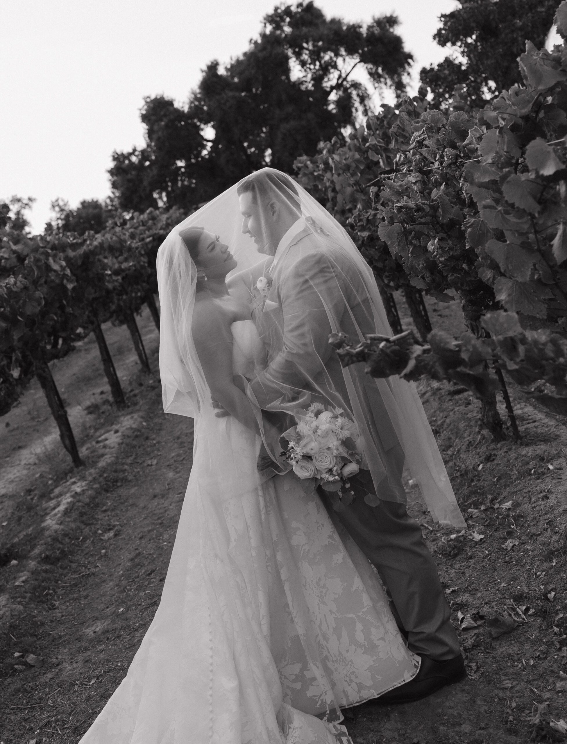Black and white editorial wedding photo of bride and groom under veil in vineyards
