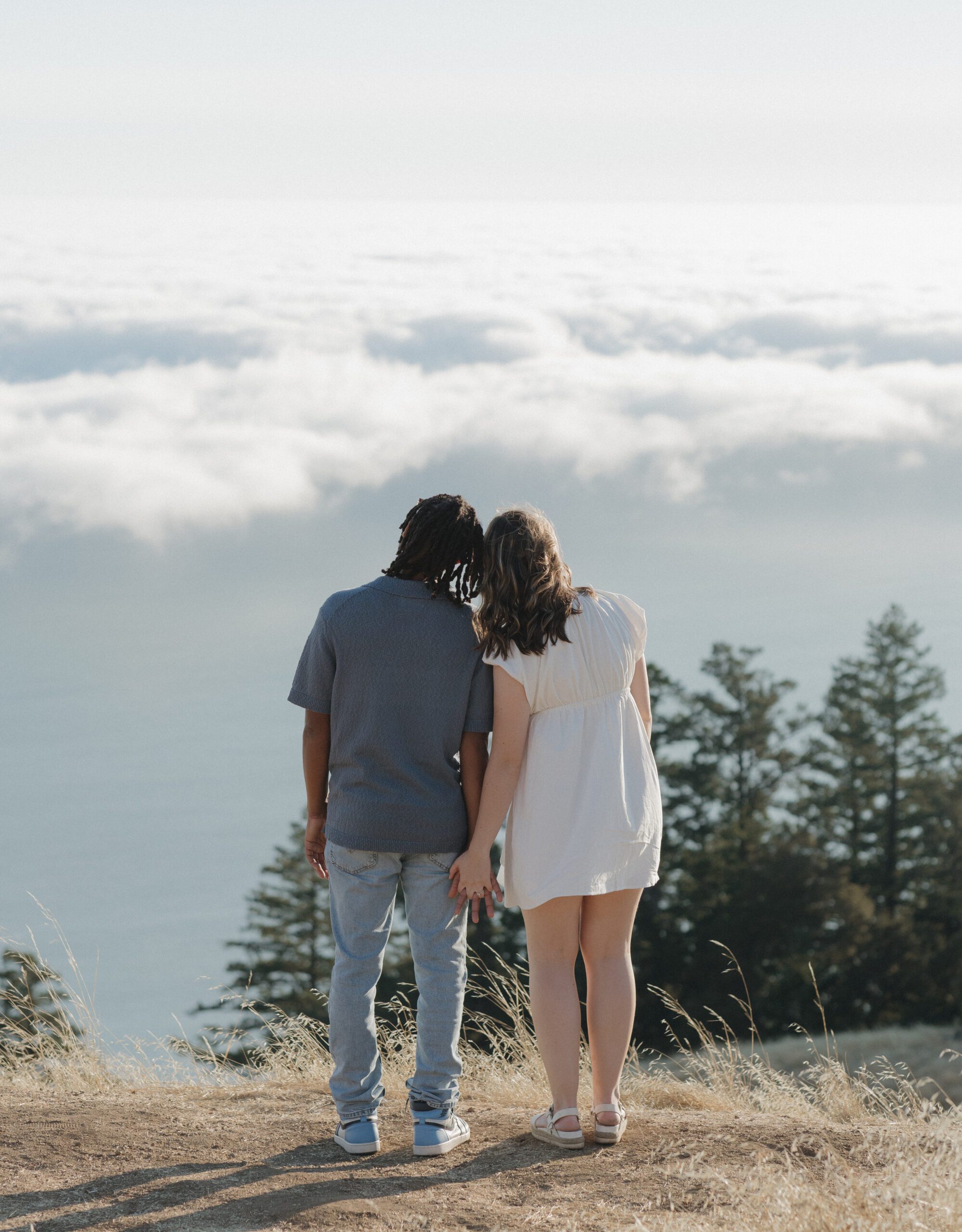A couple holding hands facing away from the camera overlooking the view from Mt. Tamalpais