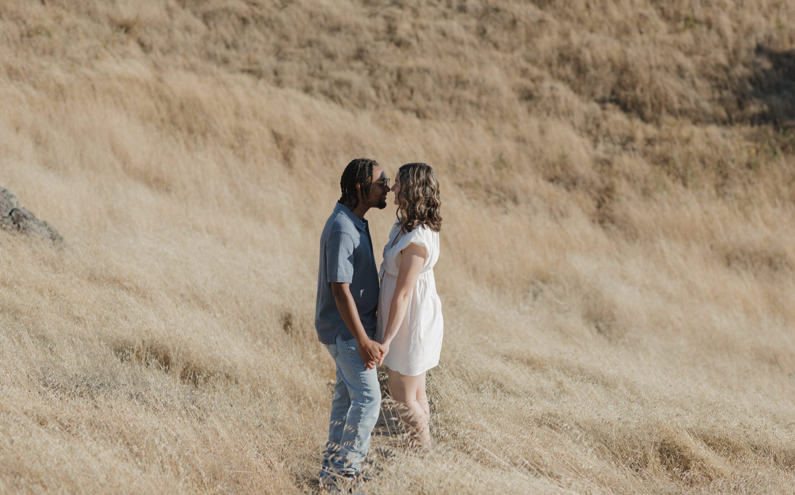 A couple kissing in the pampas grass in a field