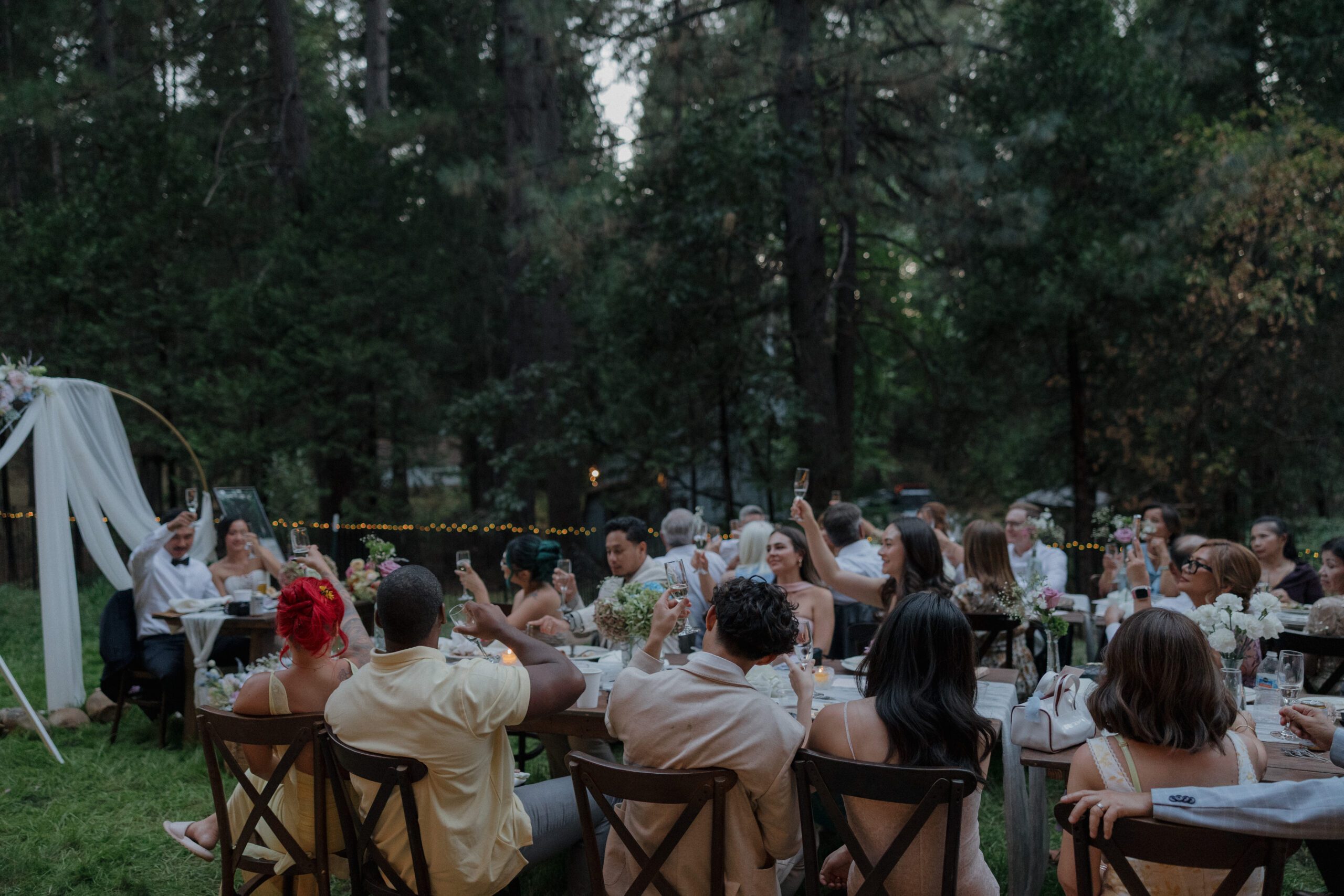 Wedding guests lifting their glasses for a toast