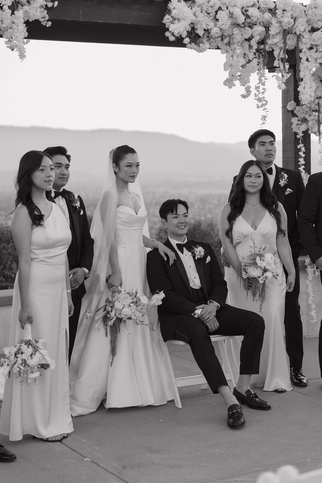 A wedding party posing for photos at the ranch at silver creek