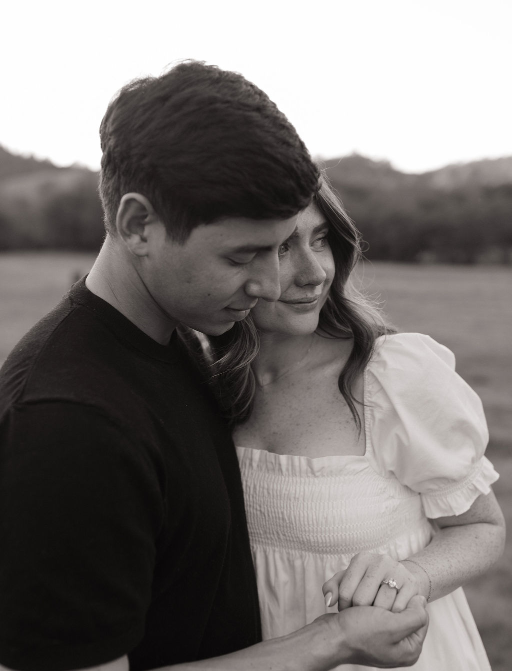 A black and white photo of a couple in an El Dorado Hills engagement