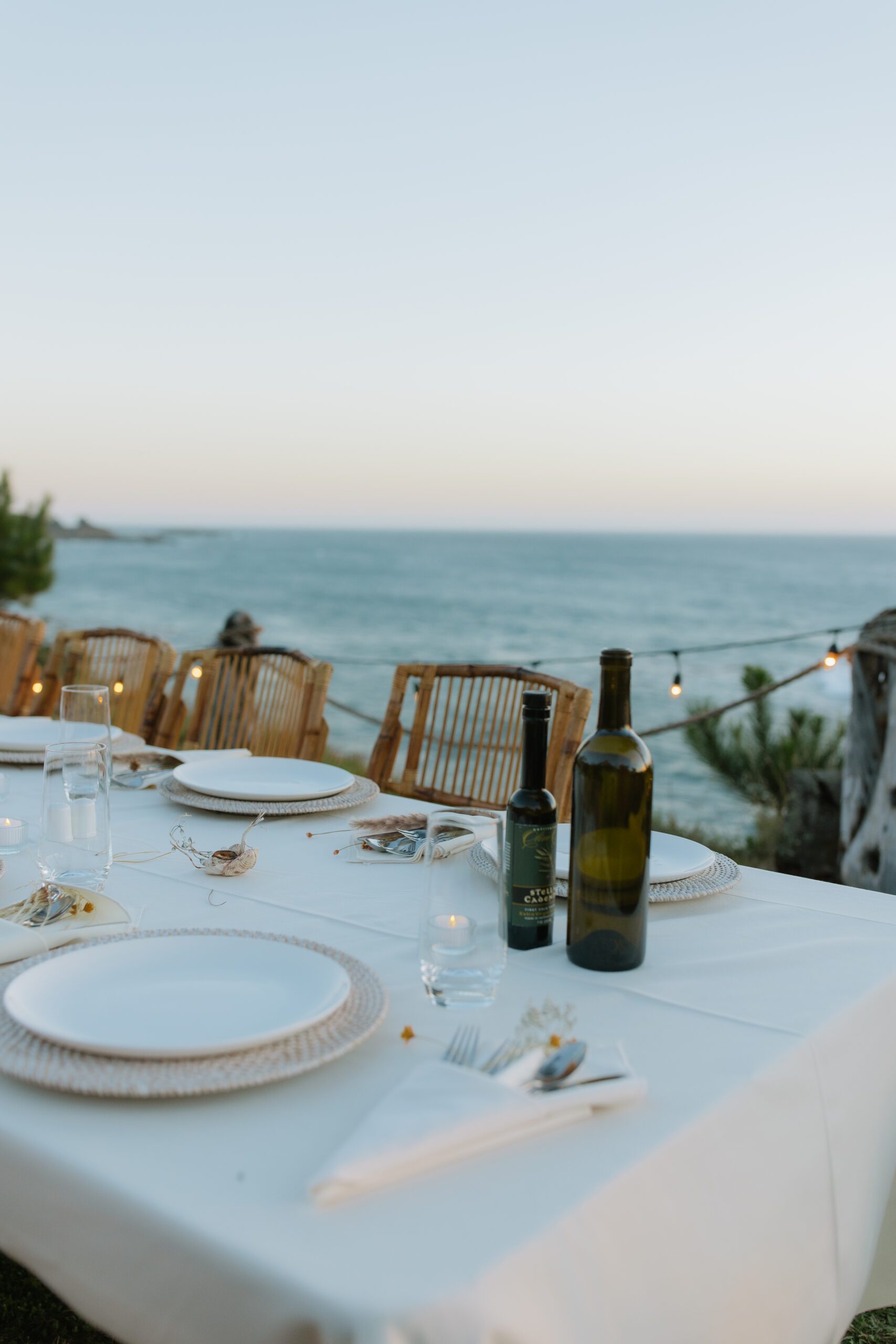 A wedding reception setup at a Bodega Bay wedding
