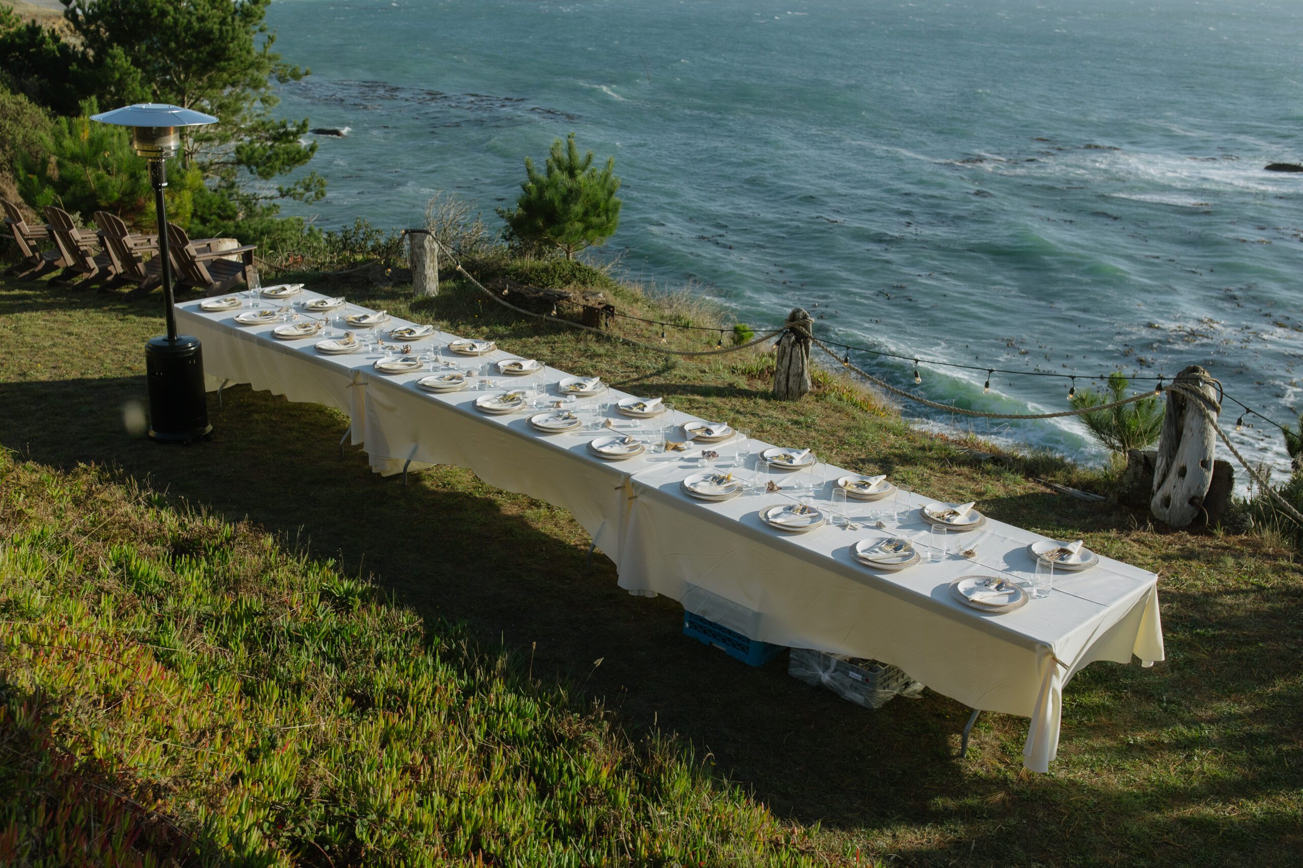 A wedding reception setup at a Bodega Bay wedding