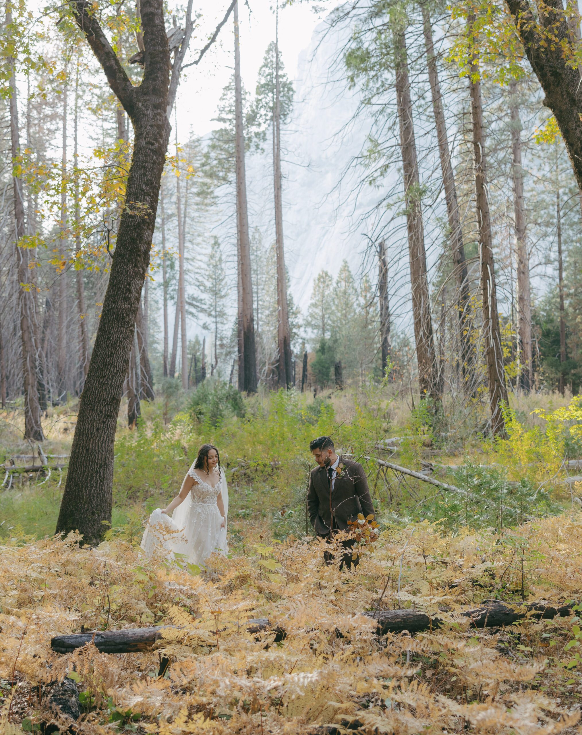 A bride and groom posing underneath a veil for Yosemite wedding photos