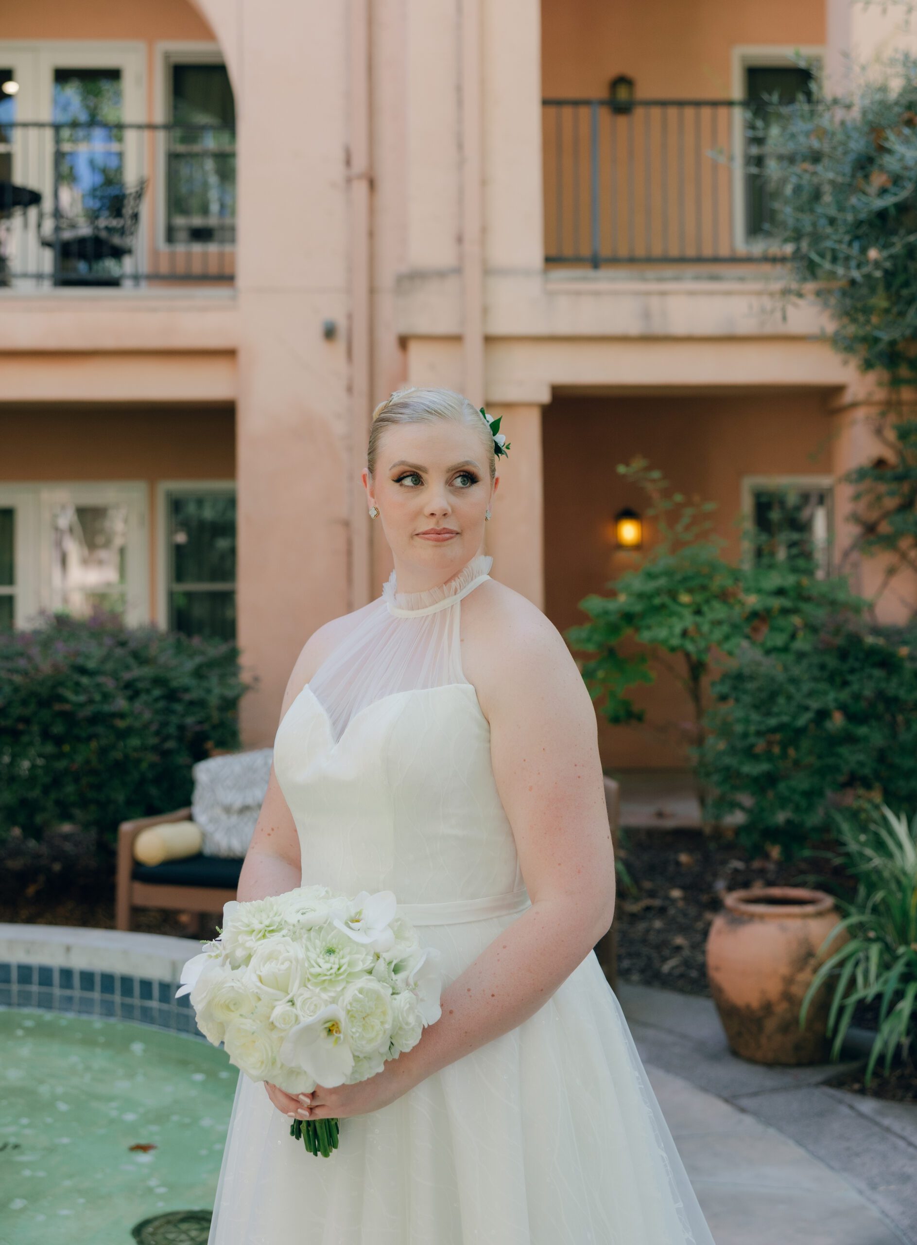 A bride posing for wedding photos in a Northern California wedding location