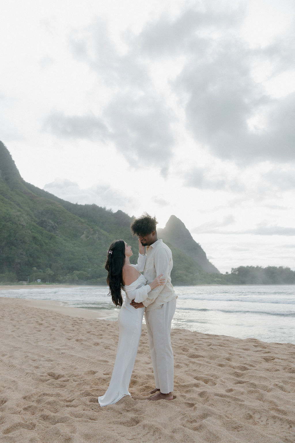 A couple leaning in for a kiss during Kauai elopement photos