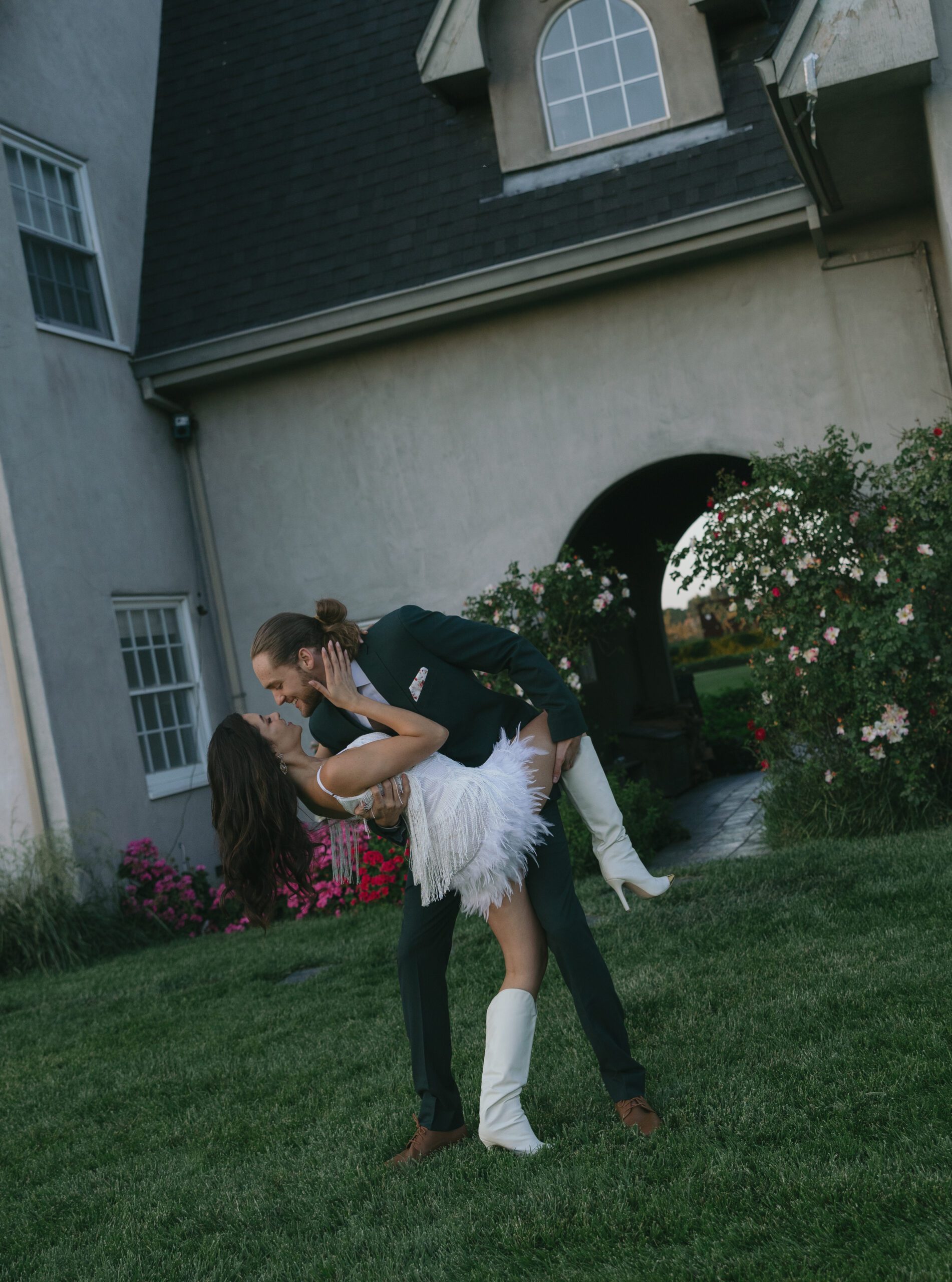 A couple wearing funky engagement photo shoot outfit ideas