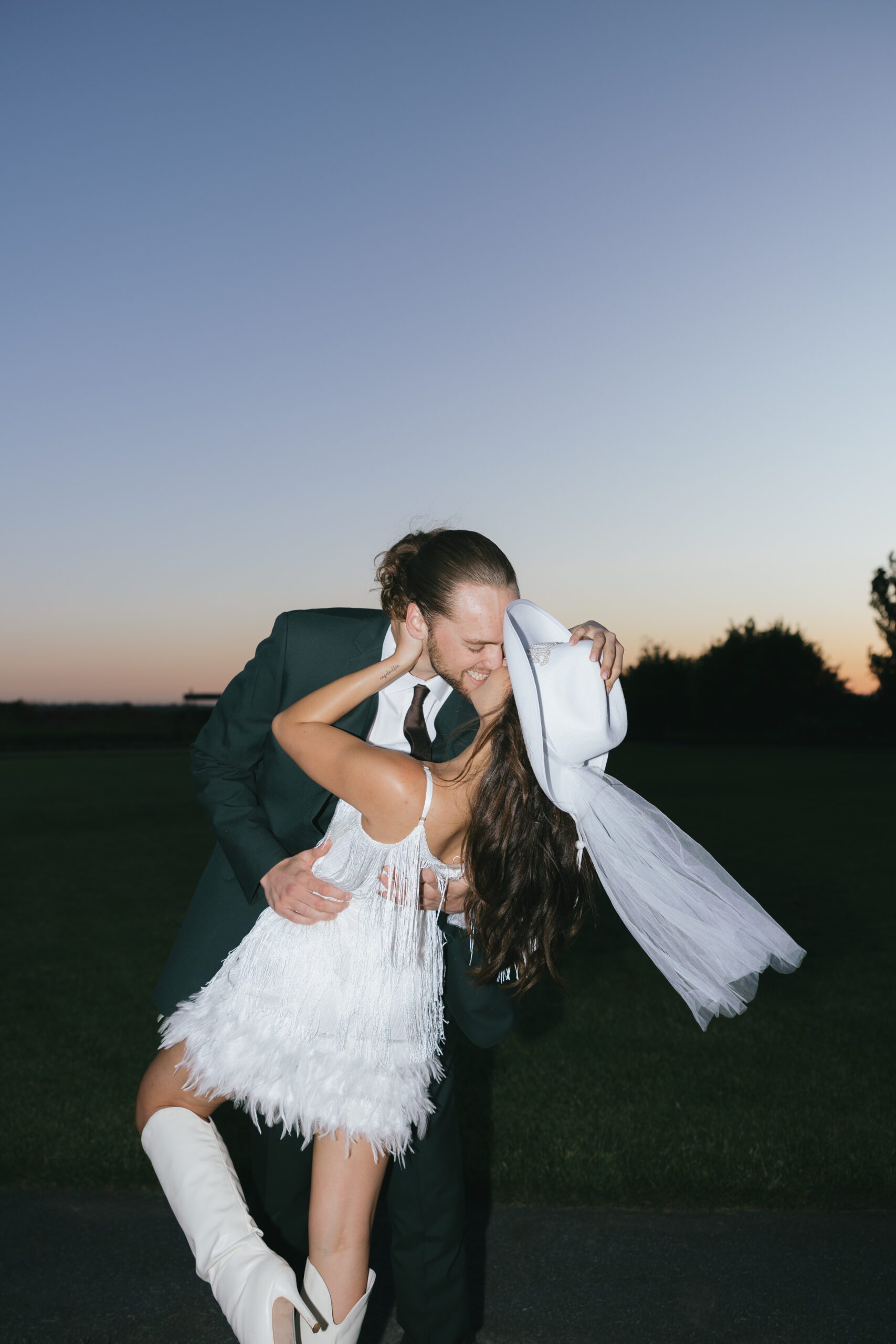 A couple wearing funky engagement photo shoot outfit ideas