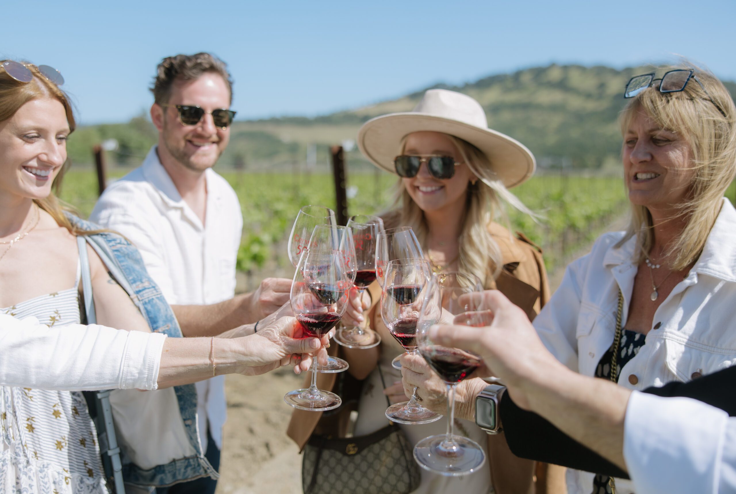 A family clinking wine glasses at a vineyard, before a surprise proposal