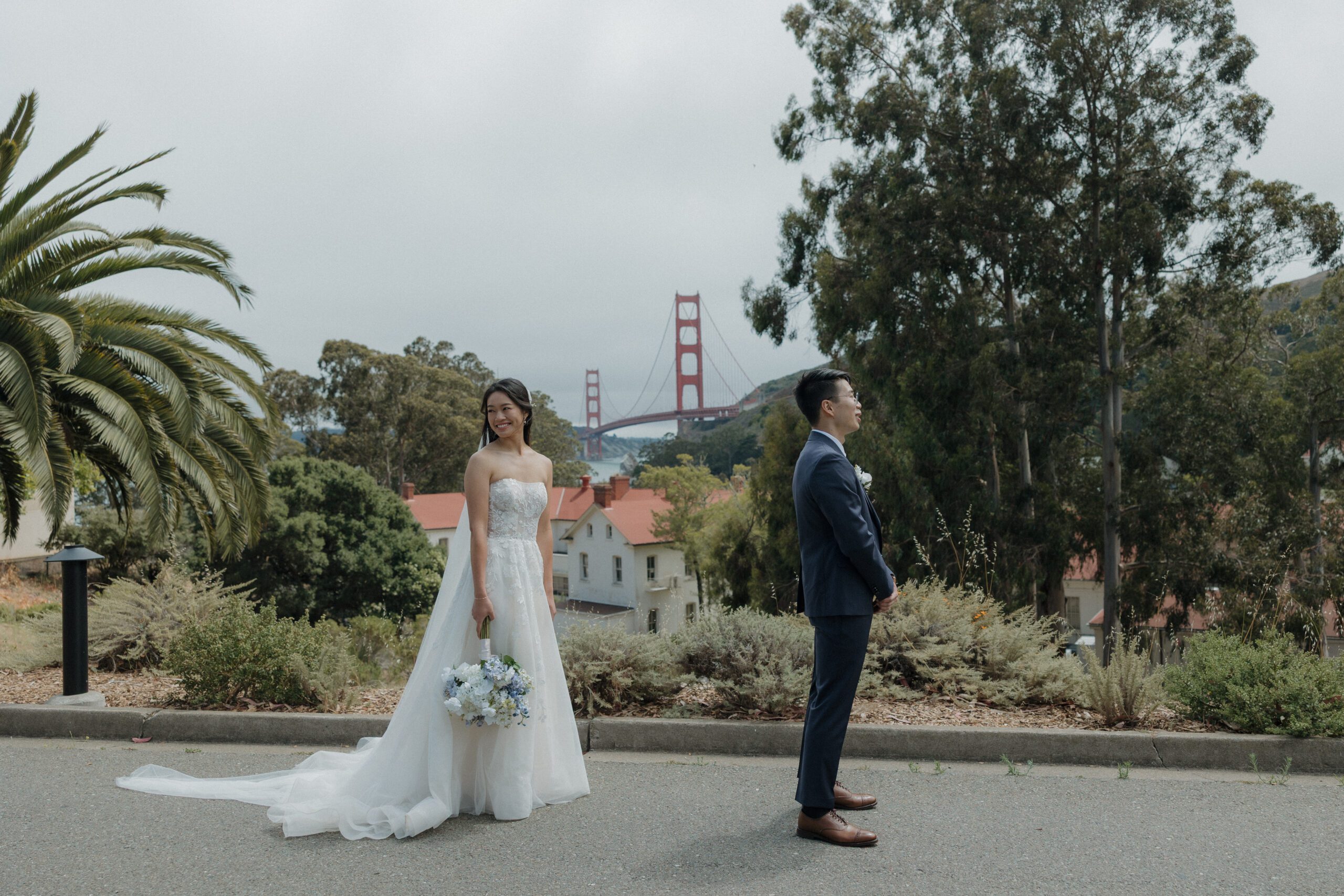 A bride and groom before their wedding first look