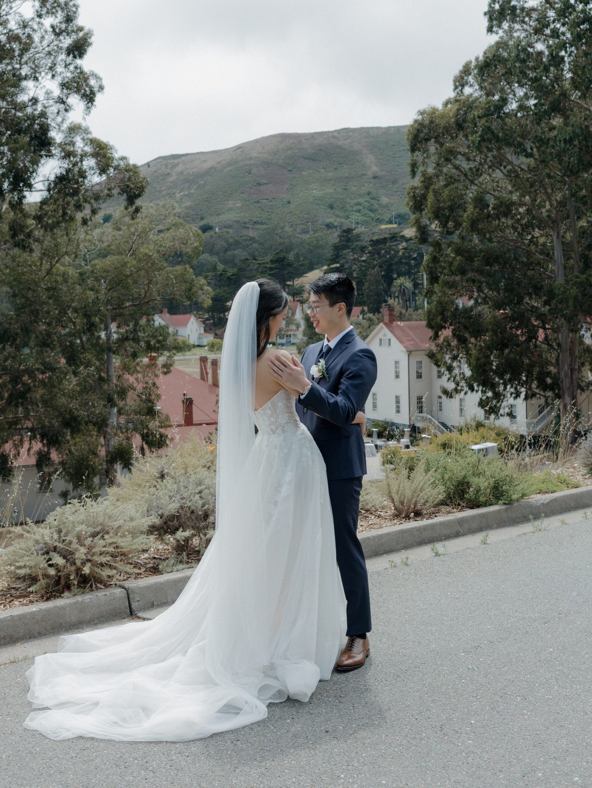 A bride and groom during their wedding first look
