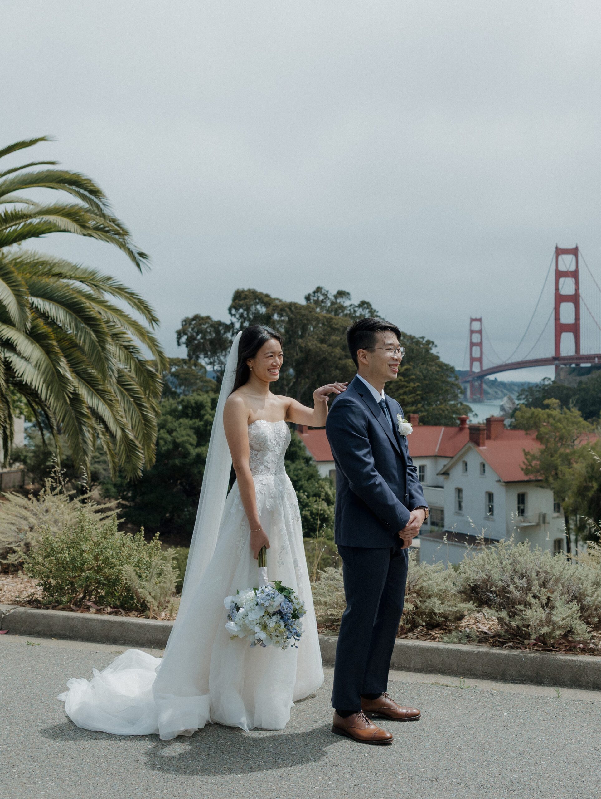 A bride and groom during their wedding first look