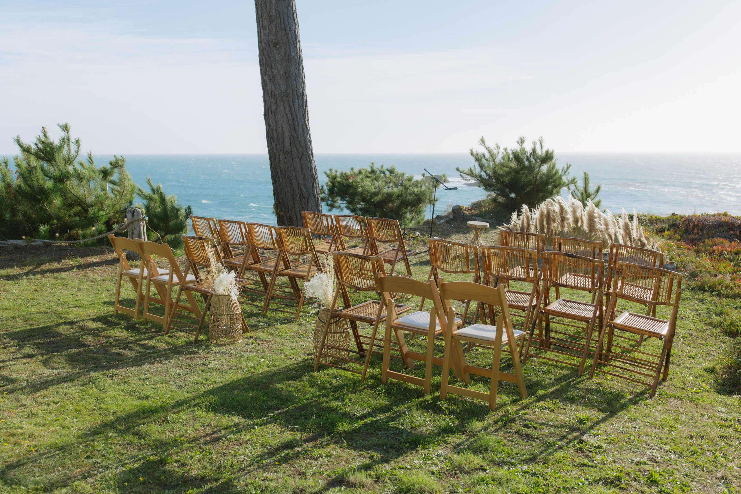 A waterfront wedding ceremony setup in Bodega Bay