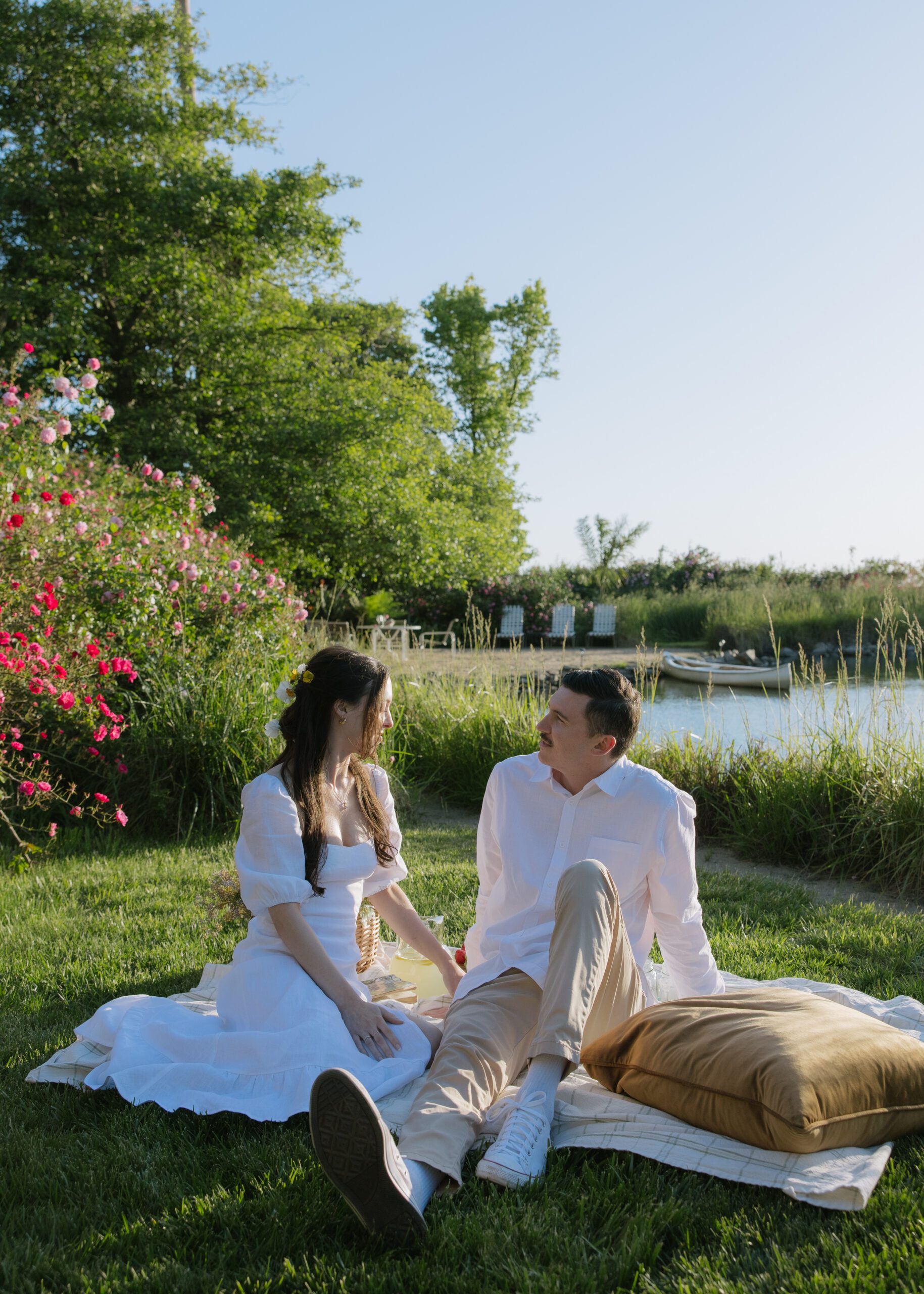 A couple having a picnic at their engagement photo location, Cavaignac
