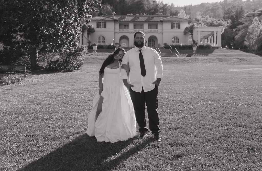 A black and white photo of a couple at their Montalvo Arts Center wedding