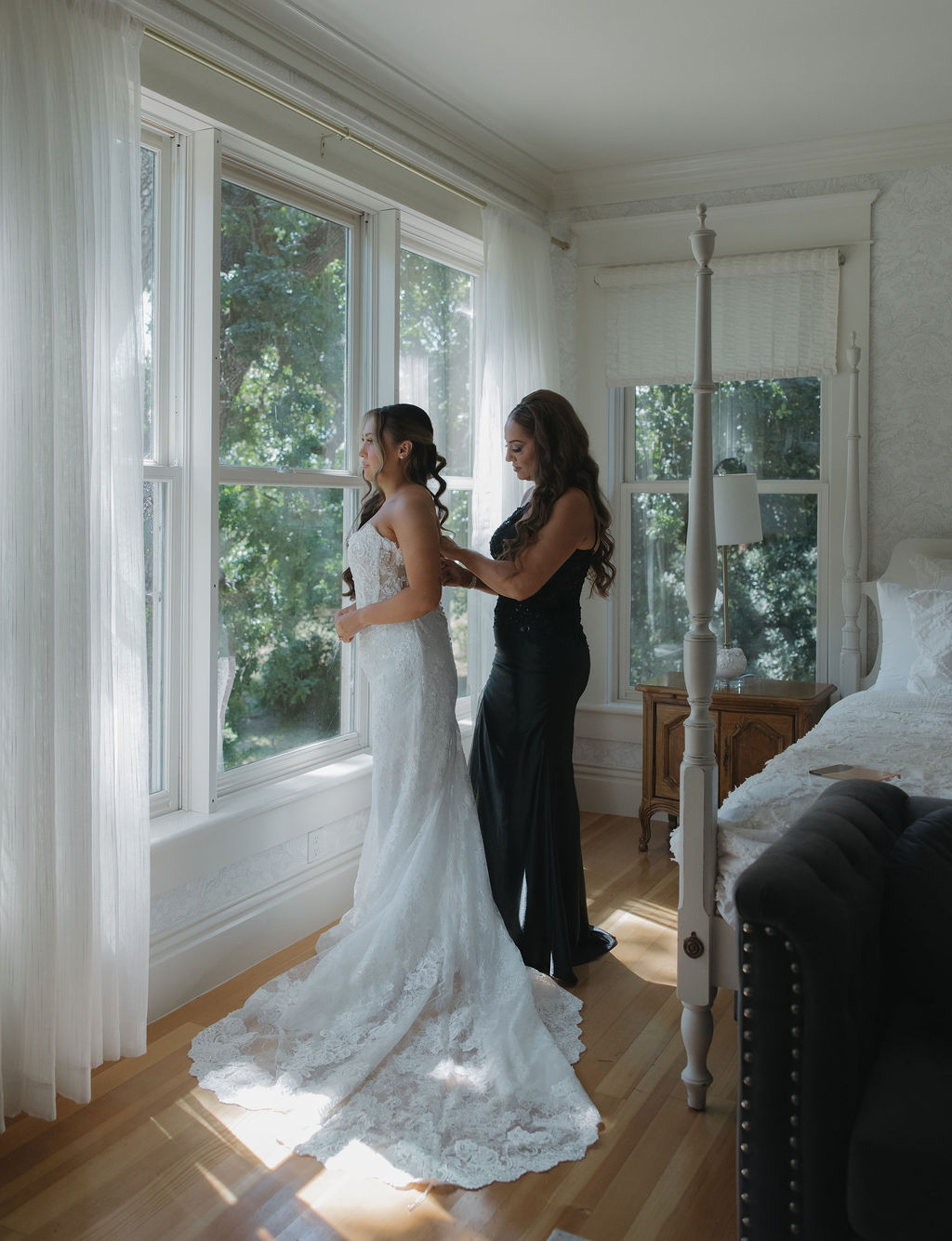 A bride in the getting-ready suite at Lamoure Vineyards