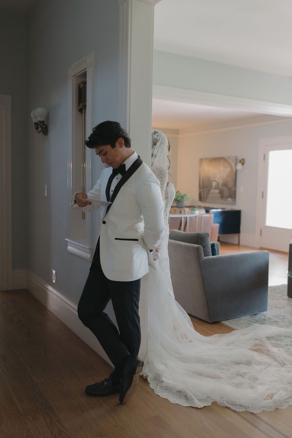 A bride and groom during a private first touch