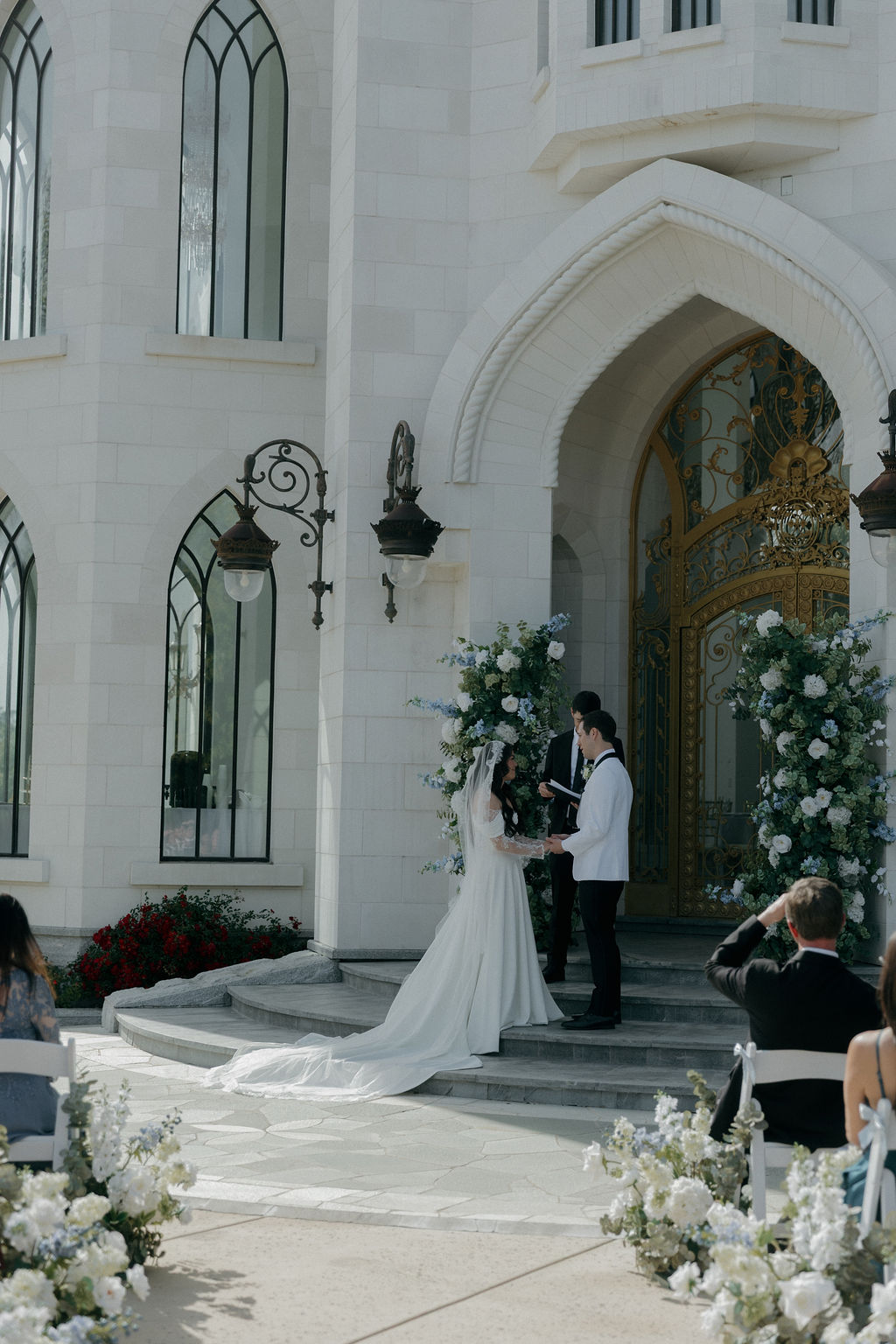 A bride and groom at their White Swan castle wedding ceremony