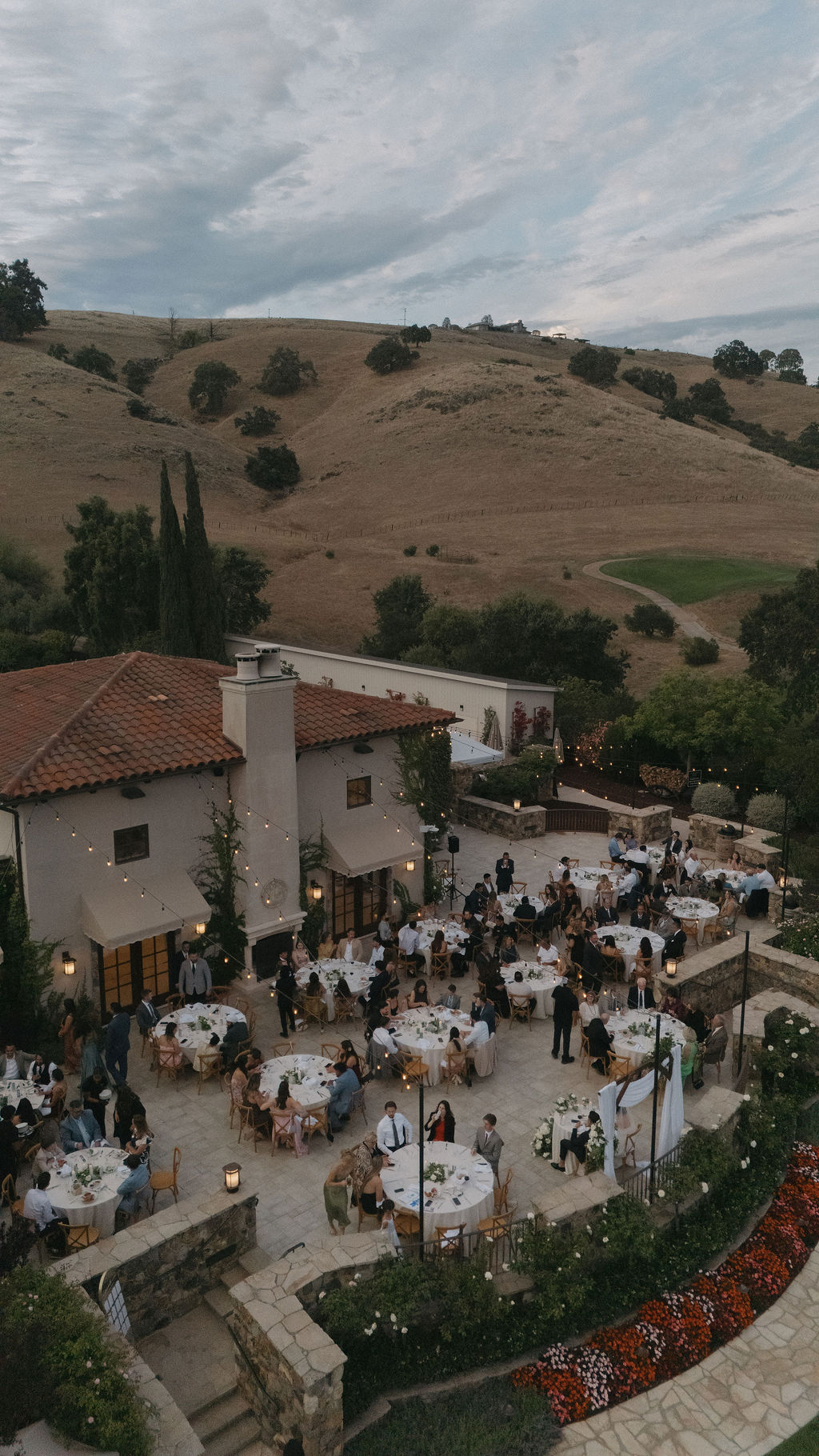 An aerial view of a wedding reception at CordeValle winery