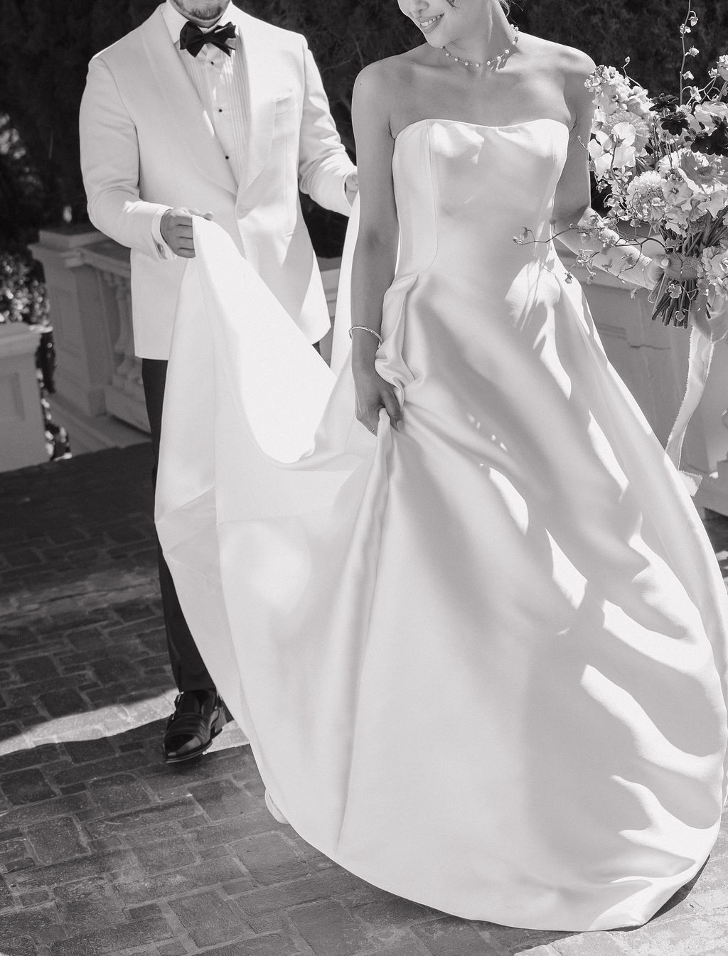 Black and white photos of a bride and groom