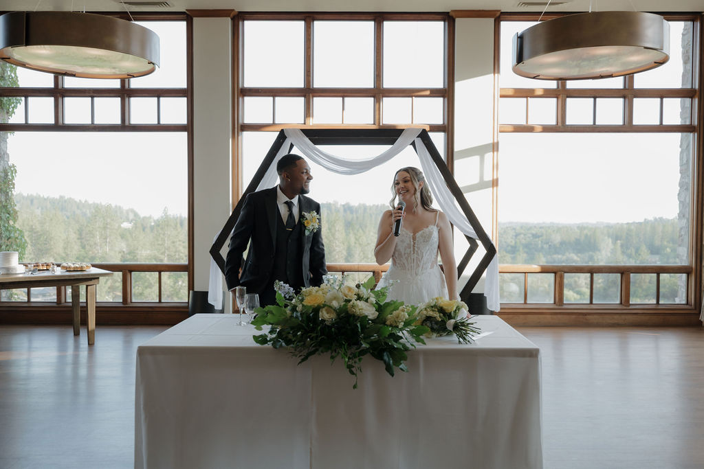 A bride and groom at their wedding reception